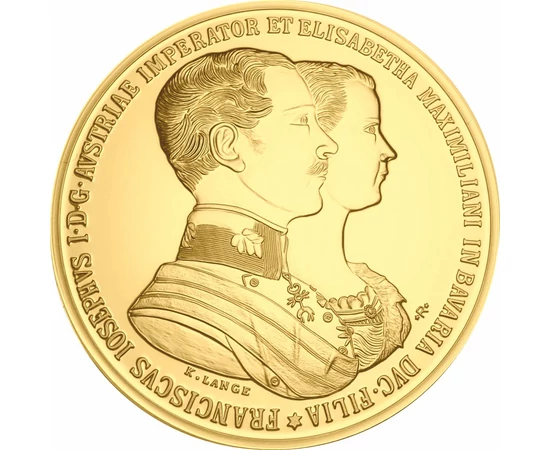 // medalie jubiliară, replică, Nunta regală - medalie jubiliară, replică, placată cu aur, originalul: Imperiul Austriac, 1854,  // Cu ocazia nunţii a apărut şi medalia splendidă de aur cu greutatea de 35 de ducaţi, adică 122,33 g. Medaliile au fost oferit